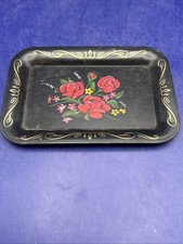 Vintage Black Metal Rectangular Hand Painted Red Roses Floral Tray 6.5”x4.5” picture