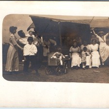 c1910s Family Group Camping RPPC Postcard Playful Dancing Girl Toy Wagon Baby picture