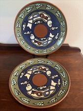 VTG Mexican Folk Art Pottery Plates Terra Cotta 11” Hand Painted Fish Motif picture