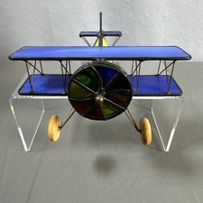 Stained Glass Style Biplane Airplane Figurine Blue Yellow Black Glass Metal picture