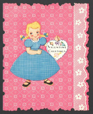 Vintage Valentine's Day Card Cute blonde Blue Dress with braided Pigtails picture