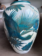 Huge Vintage Mexican Grabber Vase Teal Greens Bird Of Paradise 14” Gold Cream picture