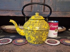 BEAUTIFUL Vintage Graniteware GOOSENECK Teapot Kettle YELLOW & GREEN Swirl picture