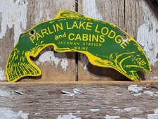 VINTAGE PARLIN LAKE LODGE PORCELAIN SIGN 1952 CABIN JACKMAN STATION MAINE FISH picture