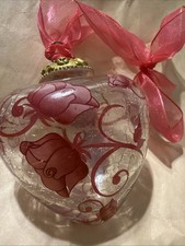 Vintage Russ Truly Madly Deeply Crackle Glass Heart Ornament Pink Roses Ribbon picture