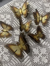 Vintage 1970s Gold Metal Wall Butterfly Hanging Decoration Brass Boho Set of 6 picture
