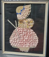 Vintage 1930s Framed Ribbon Art Work - Victorian Lady Doll with Auburn Mohair... picture