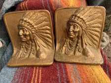 Antique Cast Iron Native Indian Chief Pair Bookends 1920s Art Deco Estate picture
