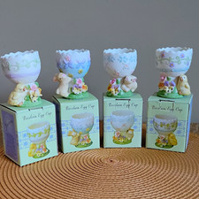 Set of 4 VTG Bisque Porcelain Egg Cup Easter Spring Floral Bunny Chick w/ Boxes picture