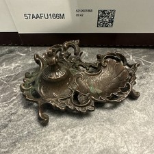 VTG Ornate Metal Inkwell Inkstand w/ Hinged Lid, Pen Rest & Decorative Motifs picture