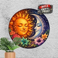 Vintage Sun and Moon Floral Tin Metal Signs Wall Art - 8 Inch Round, Waterproo 2 picture