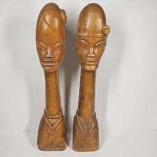 2 Wooden Head Statues Elongated Necks 16