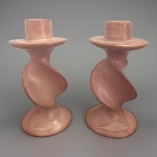 Vintage Pair of Pink/Rust Soapstone Candle Holders Carved Spiral Feather Design picture