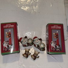 Vtg Set Of 2 Candle Climber Santa and Reindeer Porcelain Candle Holder Giftco picture