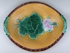 Adams & Bromley Victorian Majolica Motto Bread Tray Geranium Basketweave c.1875 picture