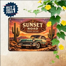 Desert Cactus Sunset Landscape Sign Scenic Southwest Travel Metal Tin Decor picture