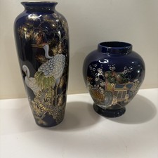 Pair Vintage ARDCO Japan Cobalt Blue Gold Vases White Crane & Imperial Carriage picture