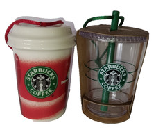 2 Vtg Starbucks Xmas Holiday Ornaments 2010 Porcelain Coffee + Plastic Cold Cup picture