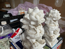 Chinese Foo Dog Guardian Lion Statues Pair White marble. Dogs are stands picture