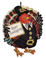 DRESSED TURKEY w HAPPY THANKSGIVING  sign * Glitter  ORNAMENT * Vtg Img picture