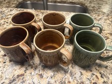 Vtg 1970's Japanese Gold Green Brown Drip Glaze Stackable Coffee Tea Cup Mugs picture