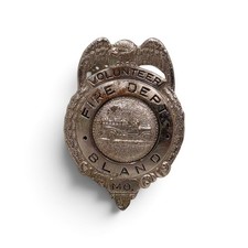 Vintage Obsolete Bland, MO Volunteer Fire Department Badge Eagle Shield Metal picture