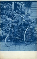 Man Unusual Recumbent Bicycle c1910s CYANOTYPE Real Photo Vintage Postcard bhn picture