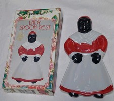 Vintage Ceramic Black Americana Lady Figural Spoon Rest #7215 w/ Box picture