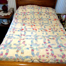 Antique Double Wedding Ring Quilt Hand Quilted 70 X 81 Thin Well Loved Scrappy picture