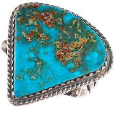 sz7.5 vintage Navajo sterling silver high grade turquoise rope bezel ring picture