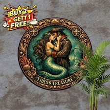 Mermaid And Pirate Underwater Art Metal Sign Vintage Coastal Decor 8x8 picture