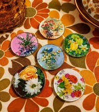 Vintage Handmade Resin Coasters Floral Bright Vibrant Flower Power 70s Hippie picture