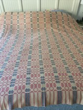 Vintage MCM  Woven Coverlet  - Teal Pink Tan Geometric Pattern 82 X 104” picture