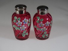 Wonderful Victorian Cranberry Glass Salt & Pepper Shakers Floral Motifs c.1895 picture