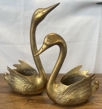 Vintage Large Brass Swans Lot Sculptures MCM Reaching 14” & 10” Cottagecore picture
