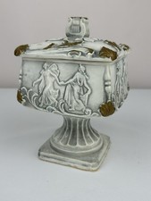 Vintage MCM covered Candy DISH Lid Pedestal Greek Musical Embossed Distressed picture