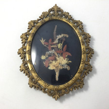 Vintage Dry Flowers Picture Ornate Brass Gold Tone Oval Frame Convex Glass picture