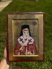 Saint Nektarios of Aegina Orthodox Icon Raised Wood 18kt Gold Leaf picture
