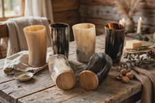 Handcrafted Buffalo Horn Drinking Cup 12 oz Set Viking with Wooden Base Set of 6 picture