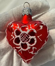 Vtg Red Heart White Glitter Flower Glass Feather Tree Christmas Ornament Poland picture