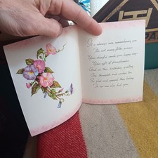 Vintage Floral Birthday Greeting Card With Pink Ribbon Accent & Poem Inside picture