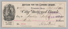 1882 Bank Check ASYLUM FOR THE CHRONIC INSANE Worcester MA - Nice picture