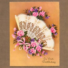 Unused Vintage Amalgamated Lithographers BIRTHDAY Card, Elegant Floral Hand Fan picture