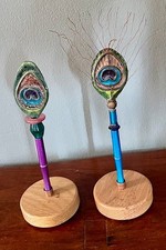 OOAK Pair of Handmade Metal PEACOCK PENS w/ Stands by Metal Artist CINDY CHINN picture