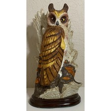 Vintage 1970s Ceramic Owl Figurine with Wood Base | Rustic Shabby Chic Decor picture