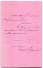 1888 Gloucester, MA Pre-printed Thank You Letter for $3 Chec picture