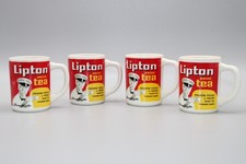 Set of 4 Vintage Lipton Tea Mug Red Yellow Advertising Cup Orange Pekoe picture
