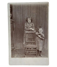 Sisters Holding Purrfect Pet Cats Outside by Barn Antique Cabinet Card Photo picture