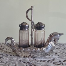 Antique Metal Viking Ship Caddy with Glass Salt and Pepper Shakers picture