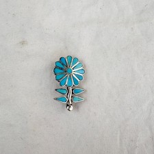 Zuni Inlay Turquoise and Silver Flower Pendant/Pin by J. Laate picture